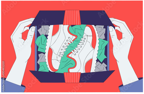 Human hands opening a shoebox revealing white sneakers. Macro unboxing experience concept. Stylish flat cartoon vector illustration for web banner