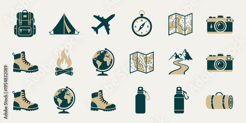 Collection of Travel and Adventure Icons for Exploration and Outdoor Activities