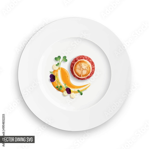 Gourmet Scallop Appetizer with Pur?e and Microgreens on White Plate