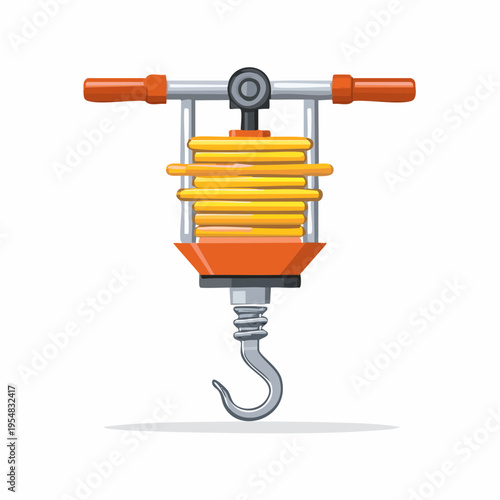 Cartoon illustration of a construction winch with a hook, isolated on white background.