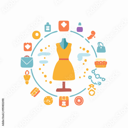 Fashion and beauty icons, dressmaker mannequin, accessories, clothing design elements