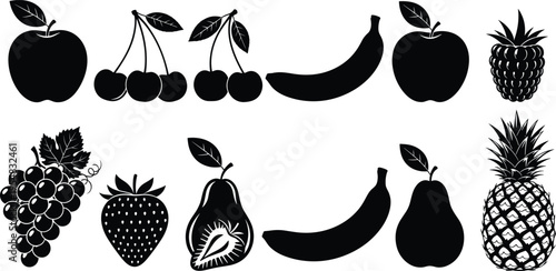 Black silhouette set of organic fruits including apple banana grape strawberry cherry and pineapple isolated on white background for healthy food