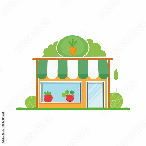 Cartoon illustration of a healthy food store with a carrot sign.