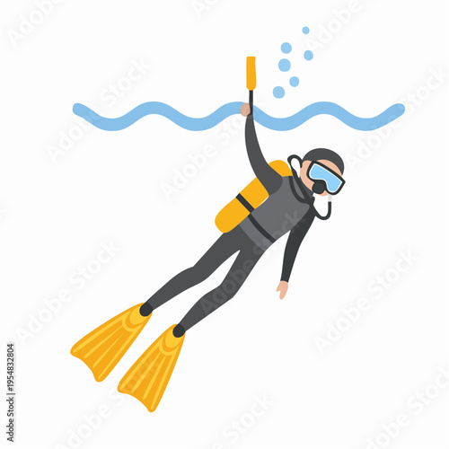 Cartoon diver with scuba gear swimming underwater raising a marker