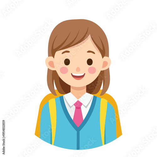Happy schoolgirl smiling and ready for education wearing backpack, with a pink tie and blue jacket.