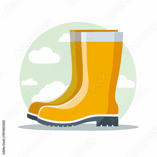 Cartoon illustration of bright yellow rubber boots with clouds in the background