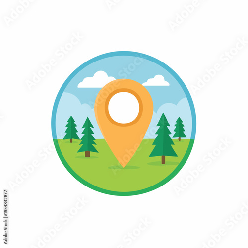 Location marker in a scenic landscape, surrounded by trees and clouds.