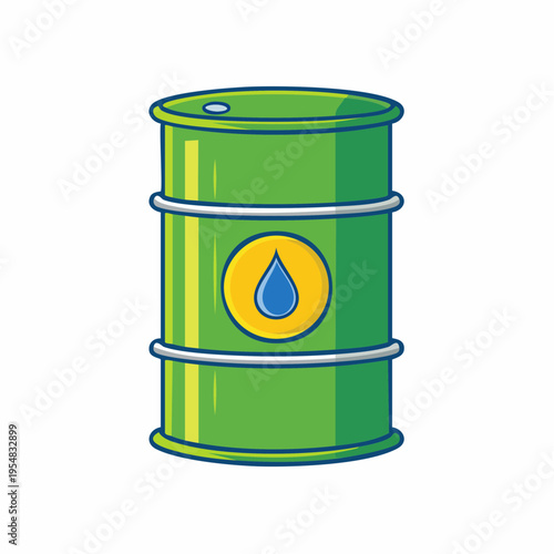 Green oil barrel with water drop emblem, vector cartoon illustration