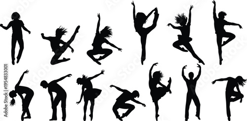 Set of Diverse Male and Female Dance Silhouettes Performing Contemporary Ballet and Modern Poses Isolated on White Background for Arts Design