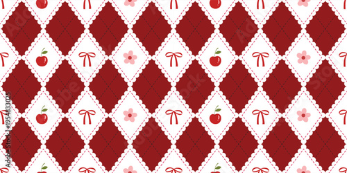Coquette seamless red argyle pattern with a classic preppy vibe, scalloped-edge diamonds filled with hand-drawn cherries, pink blossoms, and red bows, sweet, feminine look for textiles, stationery, an