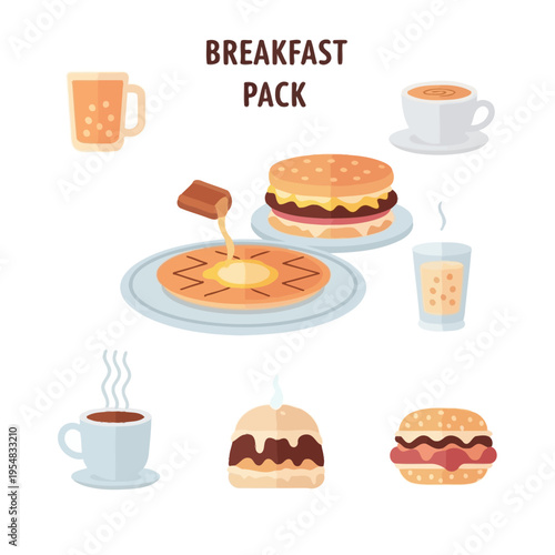 Breakfast Pack: Pancakes, Burgers, Coffee, Juice - Flat Illustration