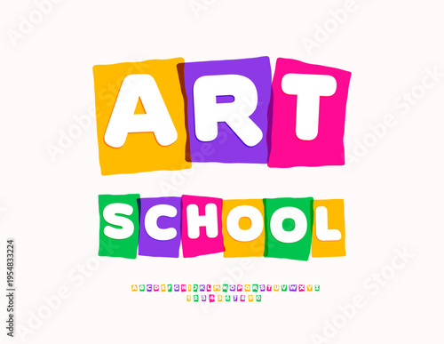 Vector Kids emblem Art School. Children Unique Colorful Font. Bright Creative Alphabet Letters and Numbers set.