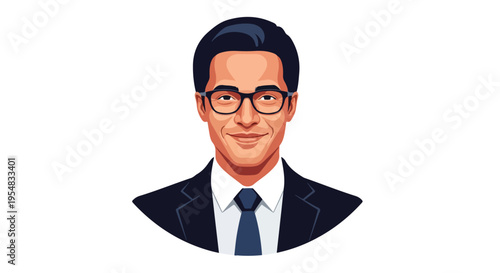 Illustration of a smiling businessman in a suit and tie with glasses against a white background.