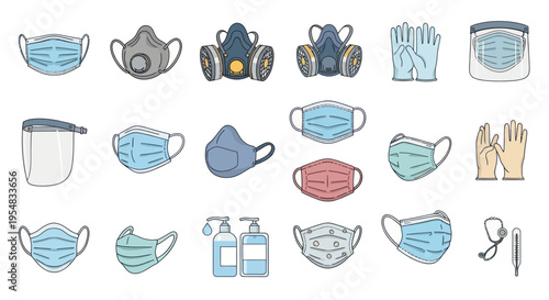 Hand-drawn collection of personal protective equipment including masks respirators gloves and face shields.