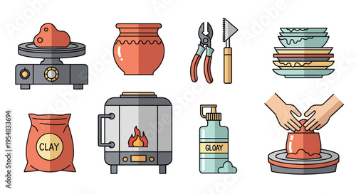 Pottery Tools and Equipment: Clay Wheel Kiln Glaze and Hand Shaping.