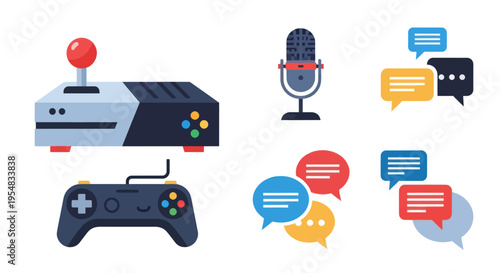 Retro gaming console with joystick microphone and chat bubbles.