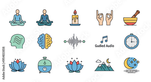 Colorful line icon set for meditation mindfulness yoga and mental well-being concepts.