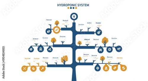 Hydroponic System Tree Diagram with Icons, Growing Plants, Sustainable Agriculture Concept