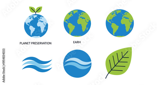 A collection of flat design icons representing ecology planet Earth water and nature.