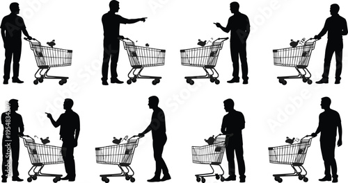 Set of black silhouettes of men with shopping carts in various poses including pushing walking and pointing isolated on white background for retail design