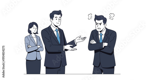 Illustration of a business man talking to a displeased colleague while a woman stands beside them in business attire against a white background.