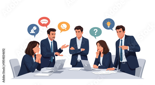 Illustration of business professionals in a meeting with thought bubbles, on laptops, conveying ideas and discussion in a formal setting.