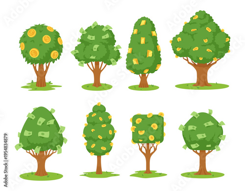 A set of money trees with coins and banknotes on a white background, symbolizing financial success, business prosperity and capital growth