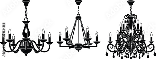 Set of Elegant Luxury Chandelier Silhouettes Including Classic Crystal and Modern Pendant Light Fixtures Isolated on White Background for Interior Design