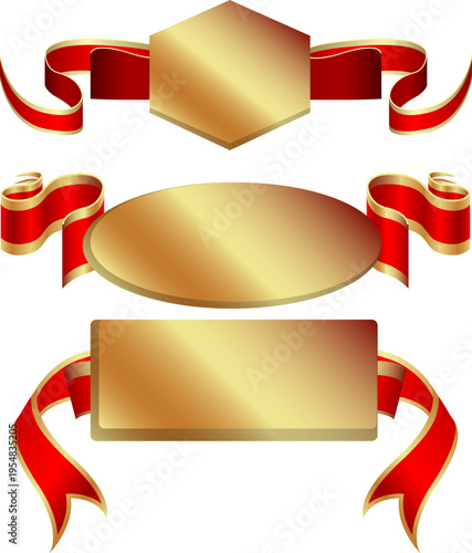 赤いリボンと金色プレートを組み合わせた高級感のあるラベル・バナー・見出しデザイン素材セット（セール・アニバーサリー向け）