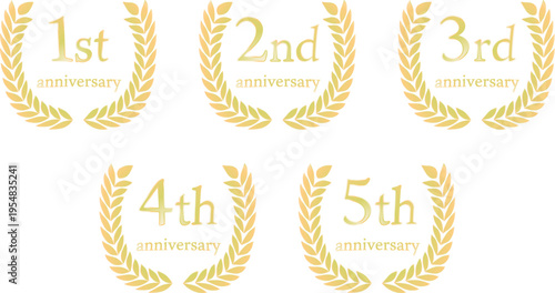 1周年から5周年まで使える金色の月桂樹リースと英字を組み合わせたアニバーサリーロゴセット（記念イベント・表彰デザイン向け）