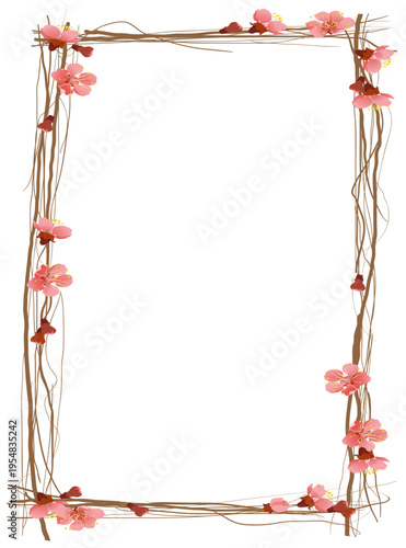 手描き風の枝と桜の花をあしらった和風ナチュラルフレーム、春の季節感を演出する優しいデザイン背景素材（カード・案内状向け）