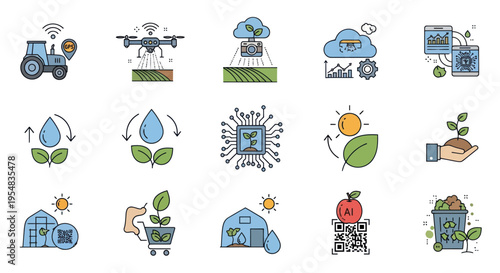 A colorful set of hand-drawn doodle icons illustrating smart farming and modern agriculture technology.