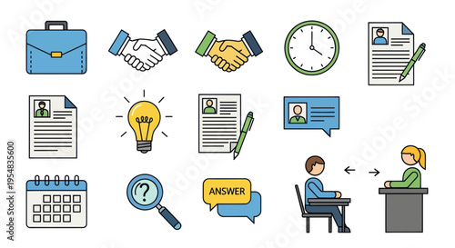 Job Interview Icons: Handshake Resume Calendar and Interview Process.
