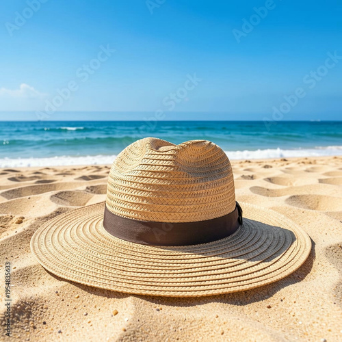 A fashionable straw hat rests on the tropical beach sand near the blue ocean water, capturing the essence of a relaxing summer vacation and sunny leisure travel under a clear sky