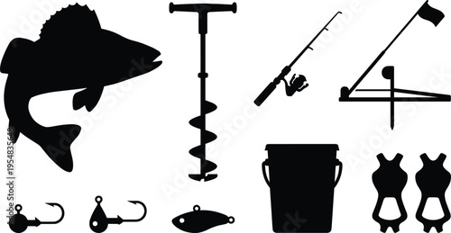 Fishing Gear and Equipment Vector Illustration – Fish, Hooks, Rod, Bucket, and Fishing Tools