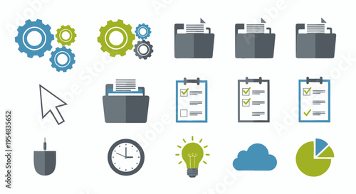 A modern collection of flat design business and office icons for web and print including gears folders and charts.