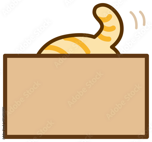 箱に入って尻尾を出す茶トラ猫、かわいい猫のイラスト