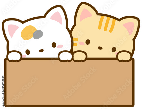 箱に入る三毛猫と茶トラ猫、かわいい猫のイラスト