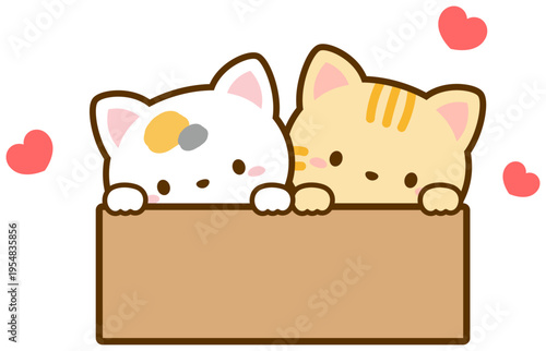 箱に入る猫、三毛猫と茶トラ猫、かわいい猫のイラスト