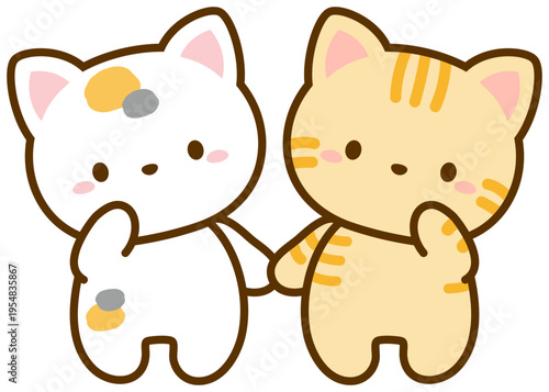 手をつなぐ猫、三毛猫と茶トラ猫、かわいい猫のイラスト