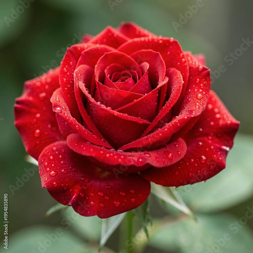 A beautiful single red rose bloom with delicate water dew drops on its petals symbolizes nature's floral beauty and romantic love