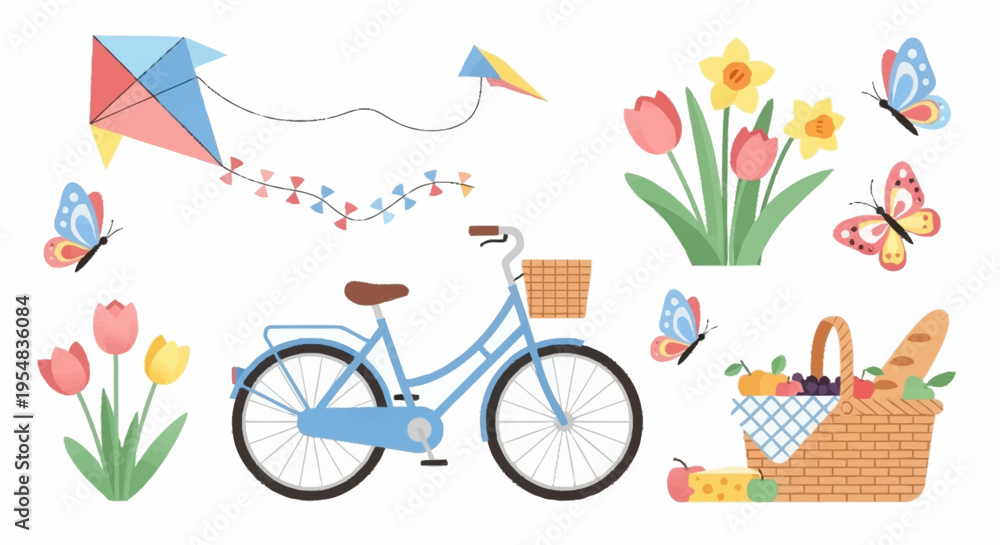 Fototapeta premium Springtime Adventure Bicycle Kites and Colorful Flowers
