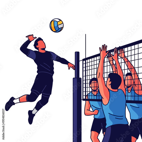 Volleyball players in action, jumping and blocking at the net during a game.