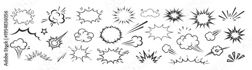 Cartoon comic speed lines, explosion effects, boom burst elements, hand drawn doodle sketch style, vector illustration set on transparent background