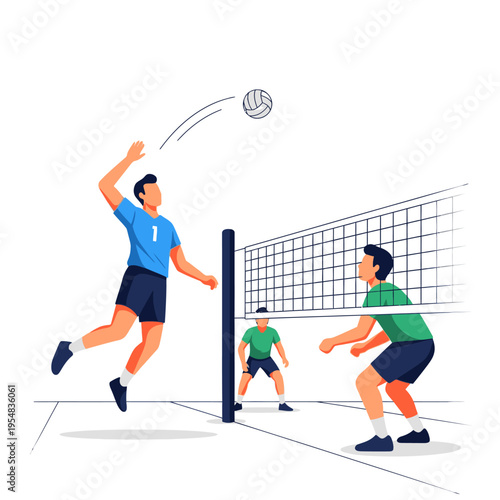 Volleyball players in action, jumping and hitting the ball over the net