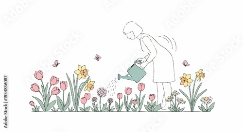 Charming Illustration of a Woman Watering Colorful Garden Flowers