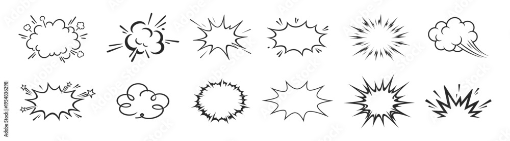 Naklejka premium Hand drawn comic explosion burst and speech bubble doodle set, cartoon boom cloud and impact effect elements vector illustration on transparent background