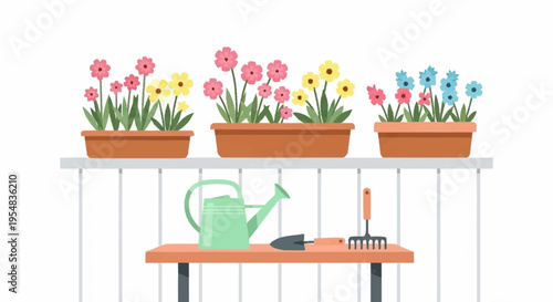 Vibrant Potted Flowers with Gardening Tools on a Sunny Balcony