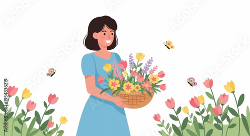 Cheerful Woman Holding a Flower Basket in a Colorful Garden