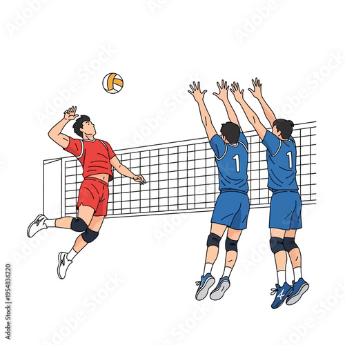 Volleyball players jumping and blocking a spike during a match, sports illustration